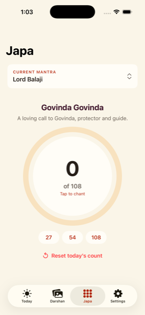 108 mantra japa counter in the Bhakti Angan app