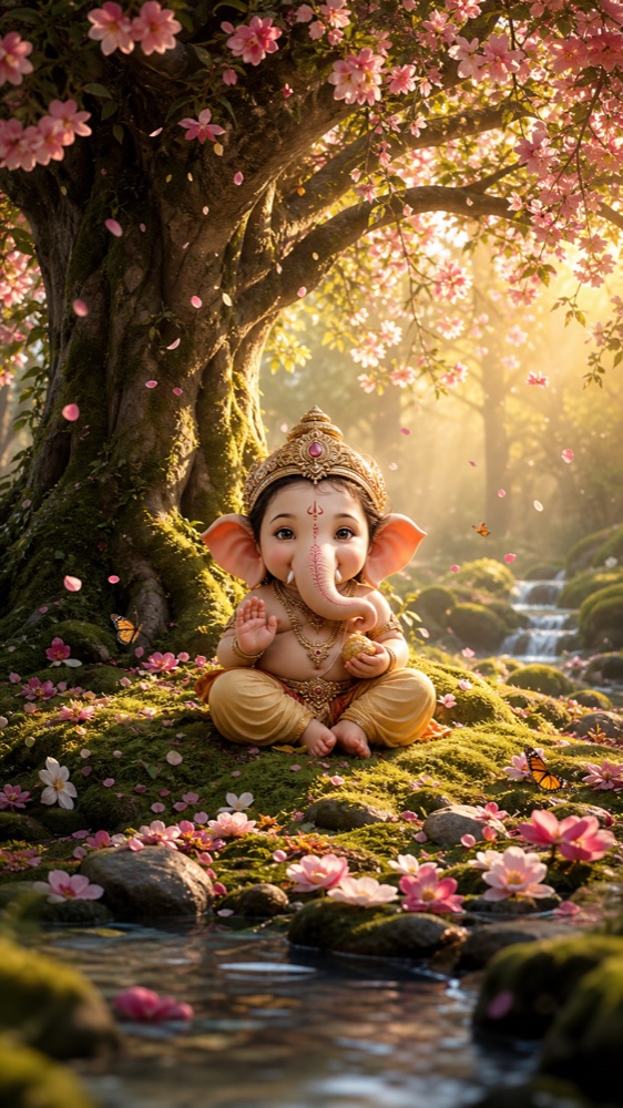 A serene darshan of young Ganesha among flowers and gentle sunlight