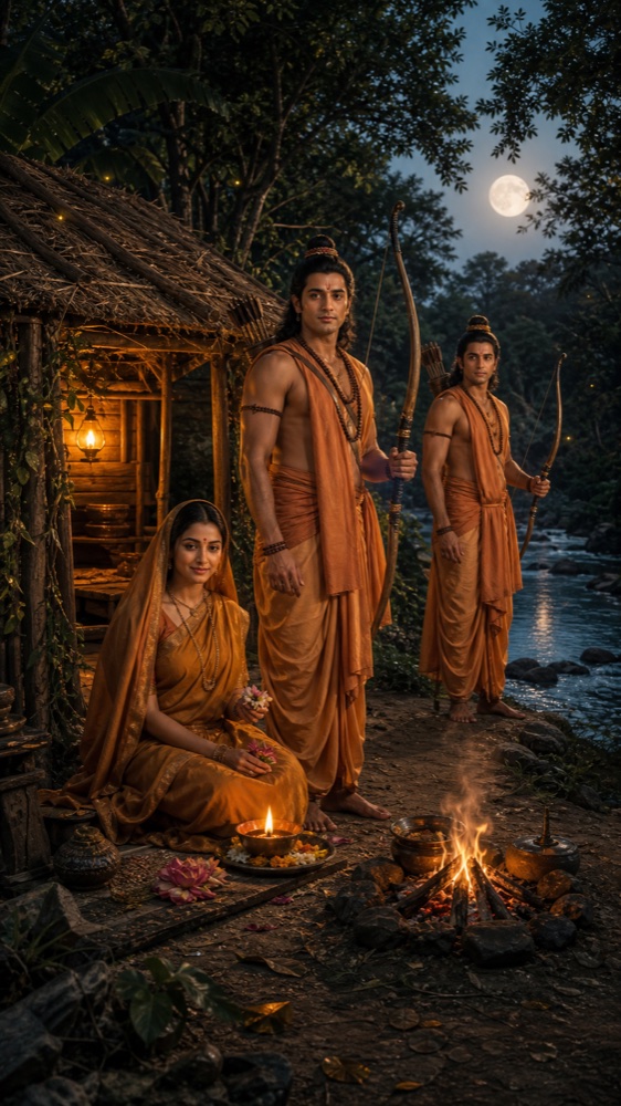 Shri Ram, Mata Sita, and Lakshman beside a lamp in the forest