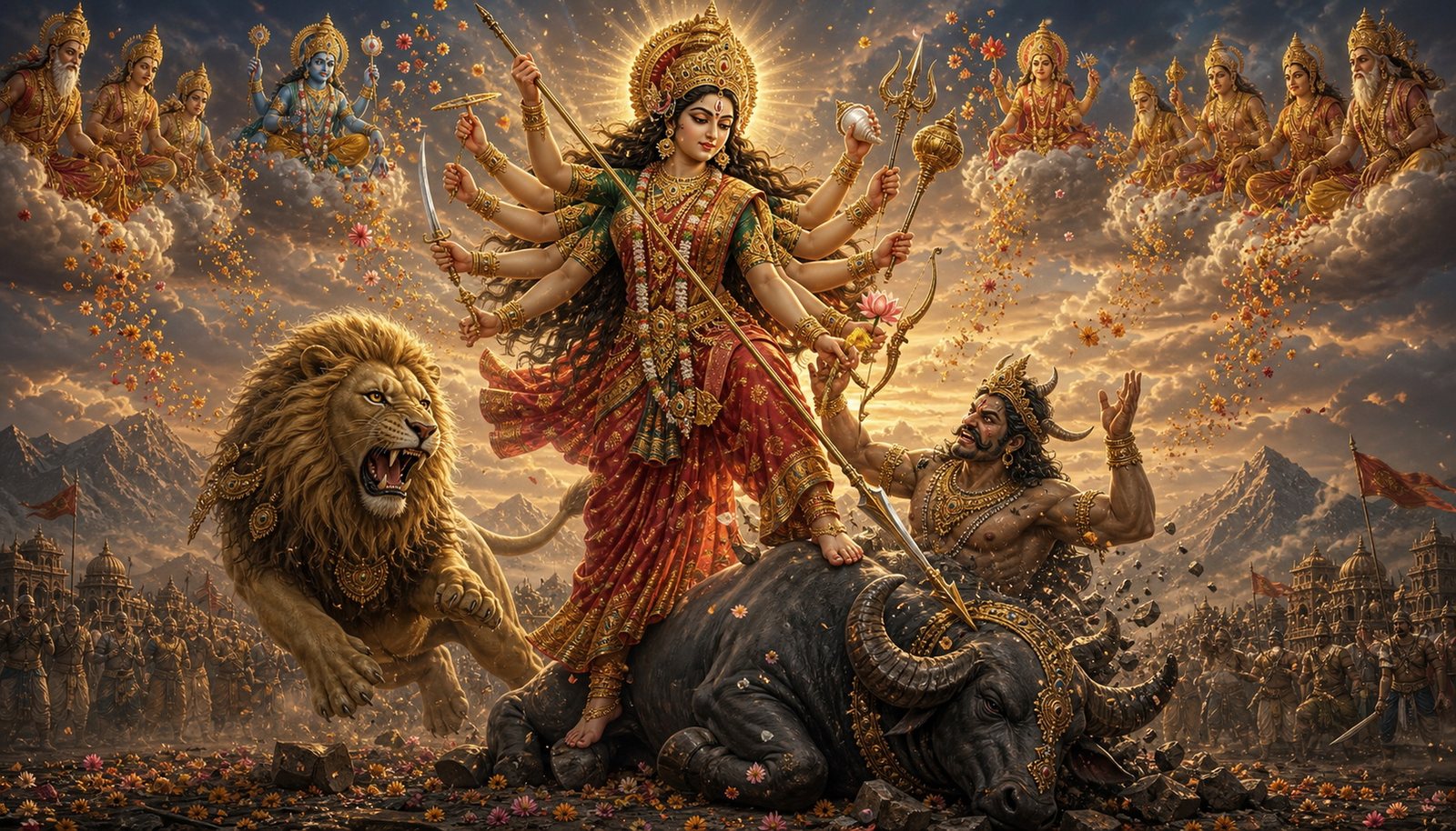 Durga slaying Mahishasura as he emerges from the buffalo form