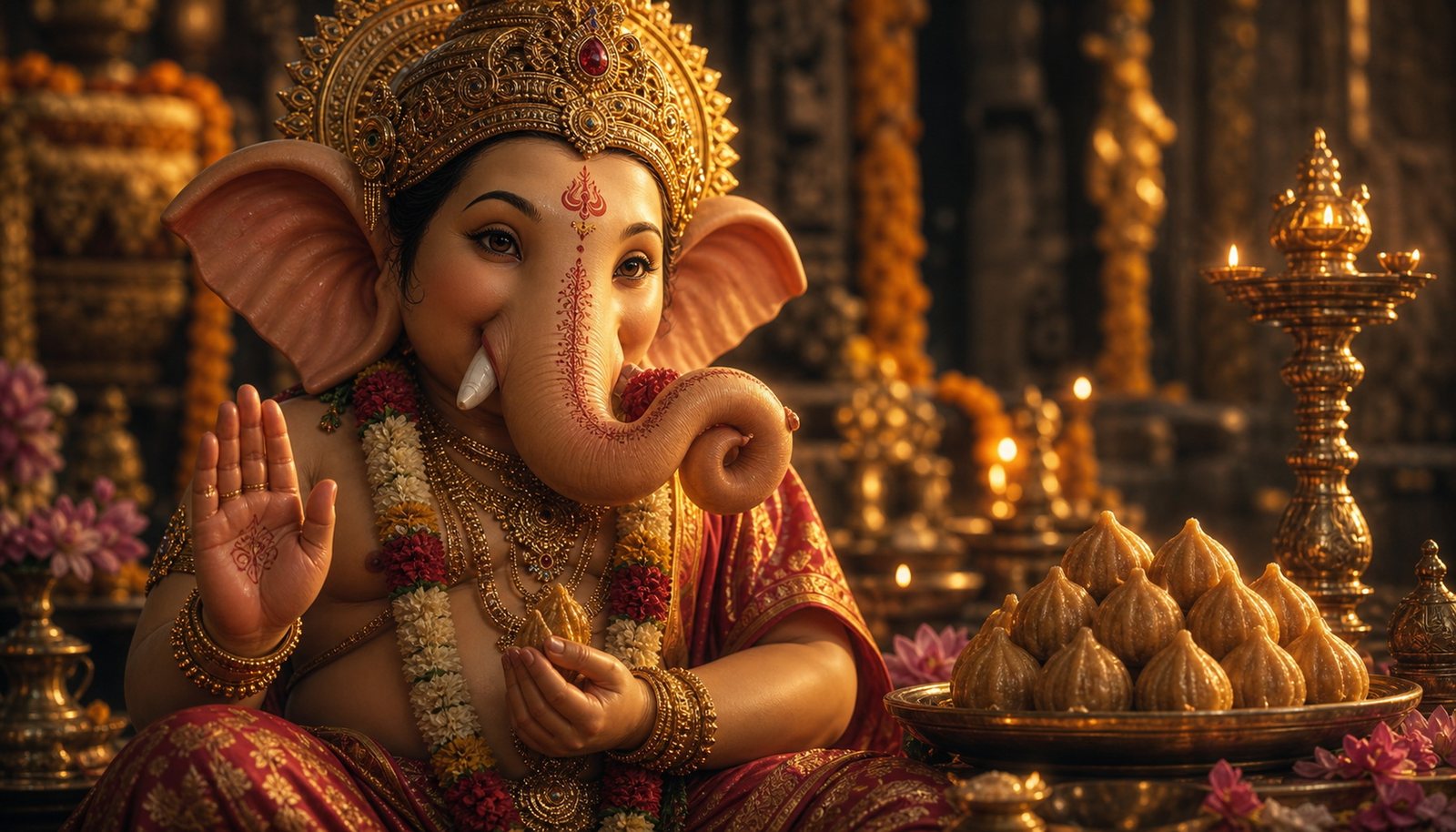 Lord Ganesha, elephant-headed, seated with a modak in hand