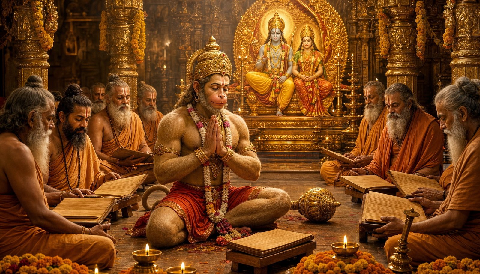 Hanuman worshipped at a temple, wherever Rama's name is sung
