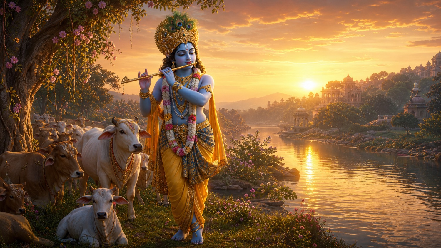 भगवान विष्णु का कृष्ण अवतार, यमुना तट पर बाँसुरी बजाते दिव्य गोपाल