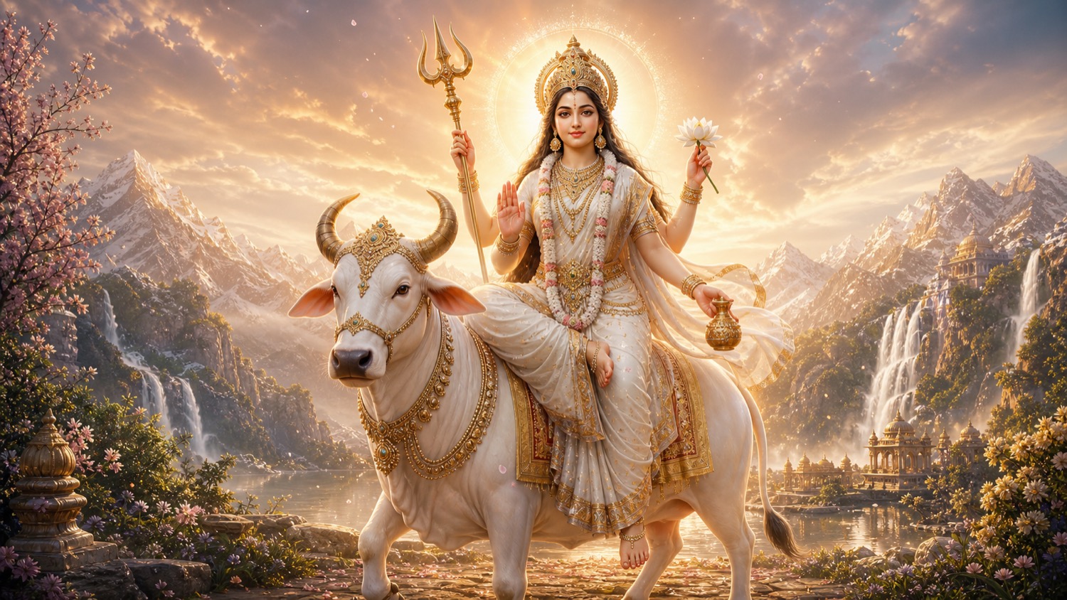 महागौरी, माँ दुर्गा का अष्टम नवदुर्गा रूप, श्वेत वृषभ पर श्वेतवर्णा देवी
