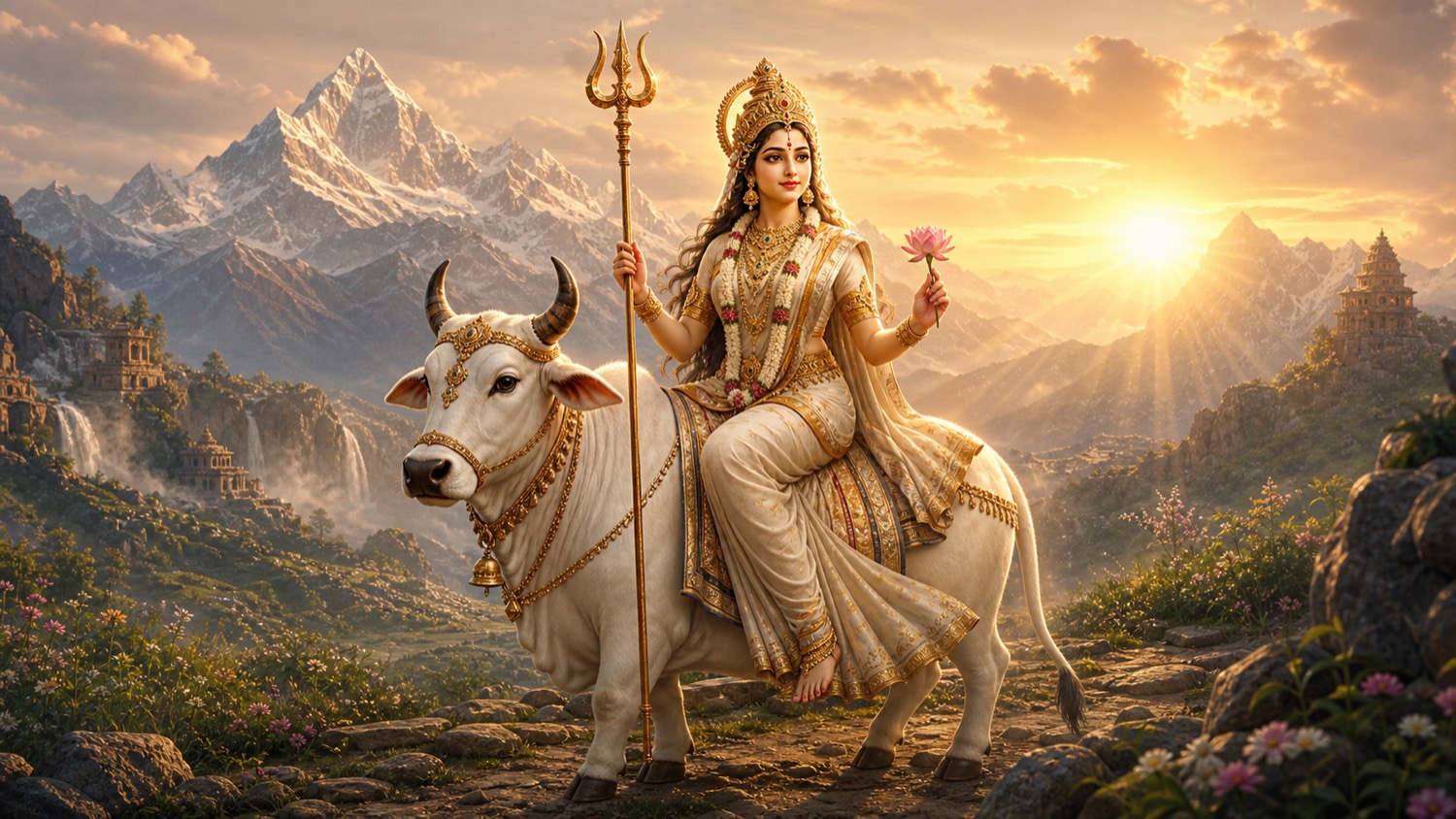 शैलपुत्री, माँ दुर्गा का प्रथम नवदुर्गा रूप, नंदी पर सवार