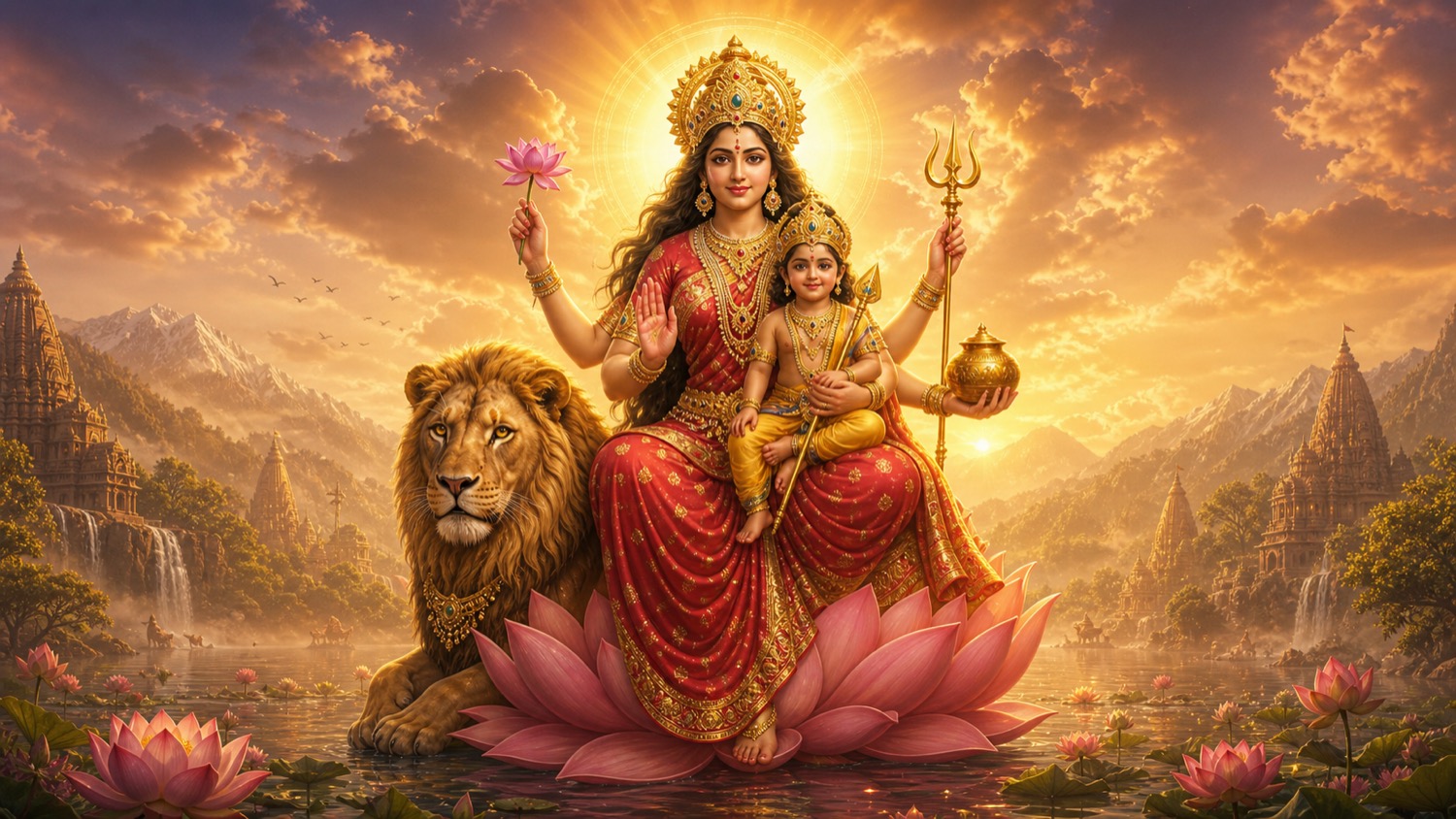 Skandamata, the fifth Navadurga form of Goddess Durga, holding the infant Skanda