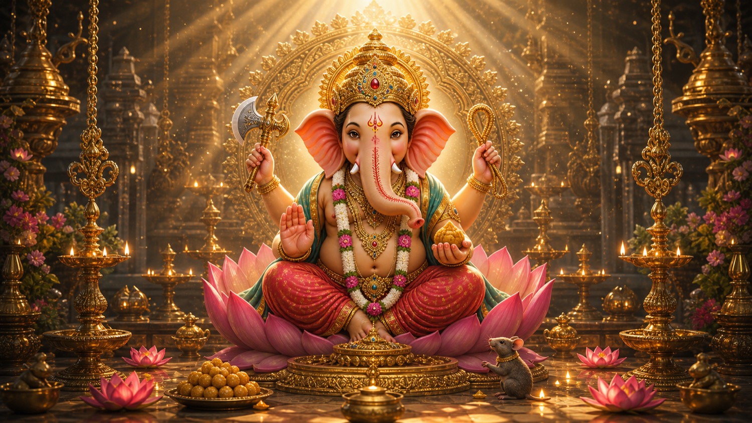 Vighnaharta, Lord Ganesha the remover of obstacles, enthroned with noose and goad