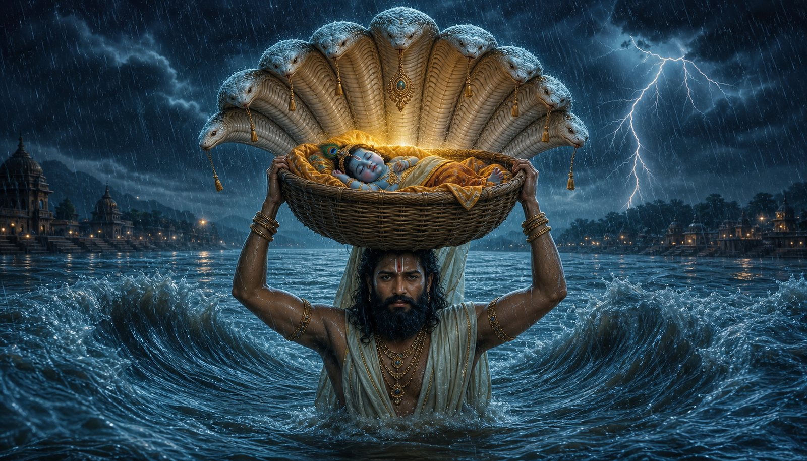 Vasudeva carrying newborn Krishna across the stormy Yamuna beneath the hoods of Shesha