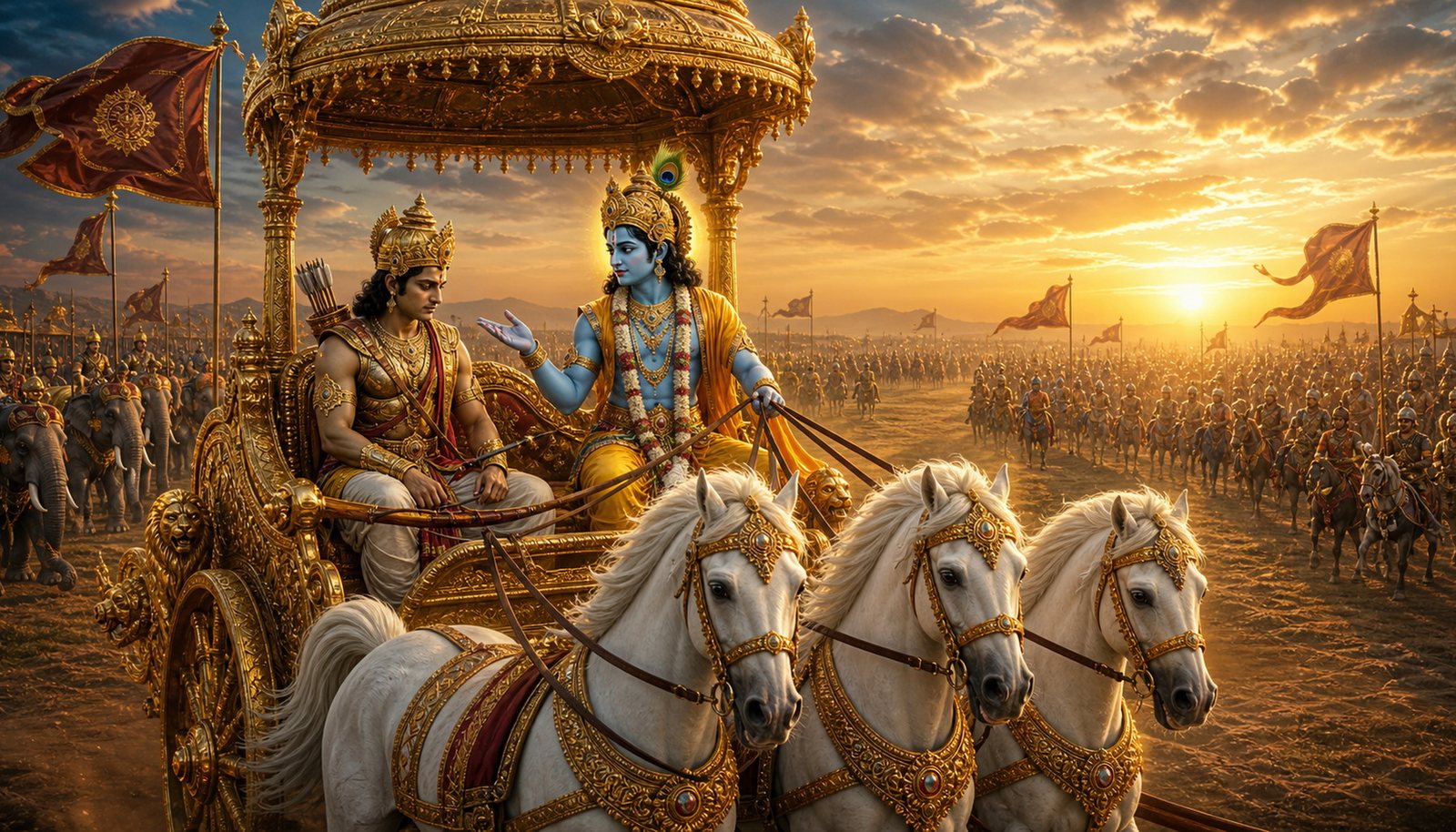 Krishna as charioteer speaking the Bhagavad Gita to Arjuna between two armies