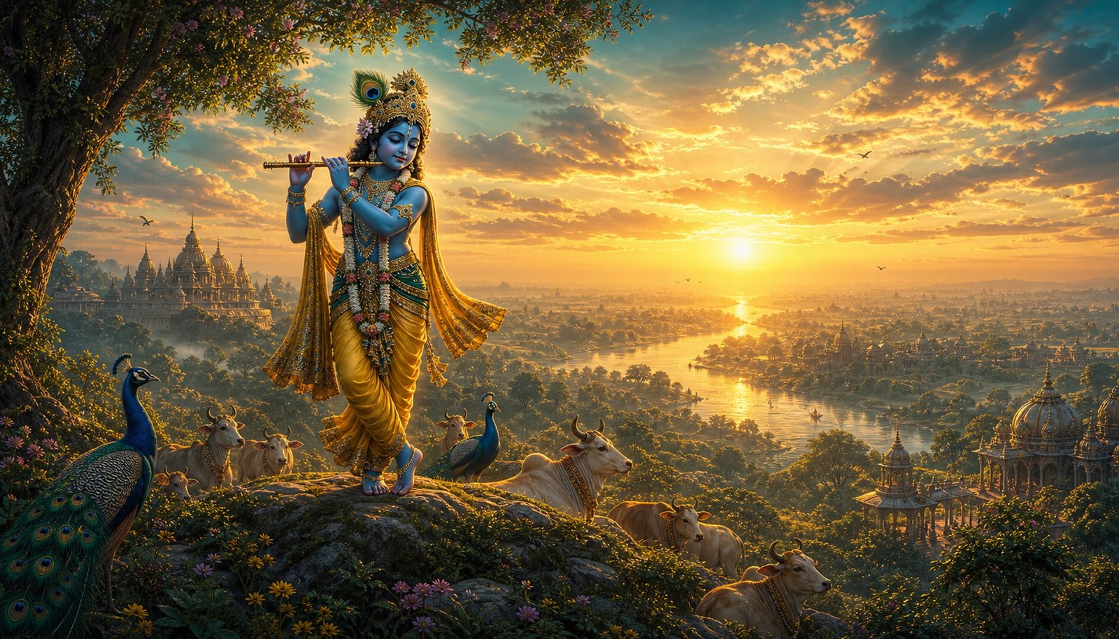 Lord Krishna playing the flute on a hilltop above the Yamuna valley at sunrise