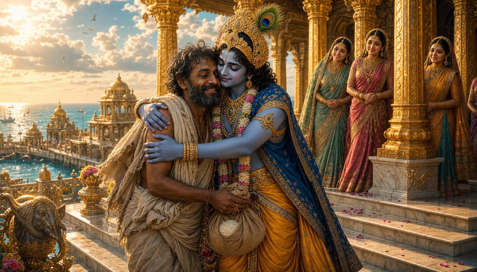 Krishna embracing his poor friend Sudama on the steps of the Dwarka palace