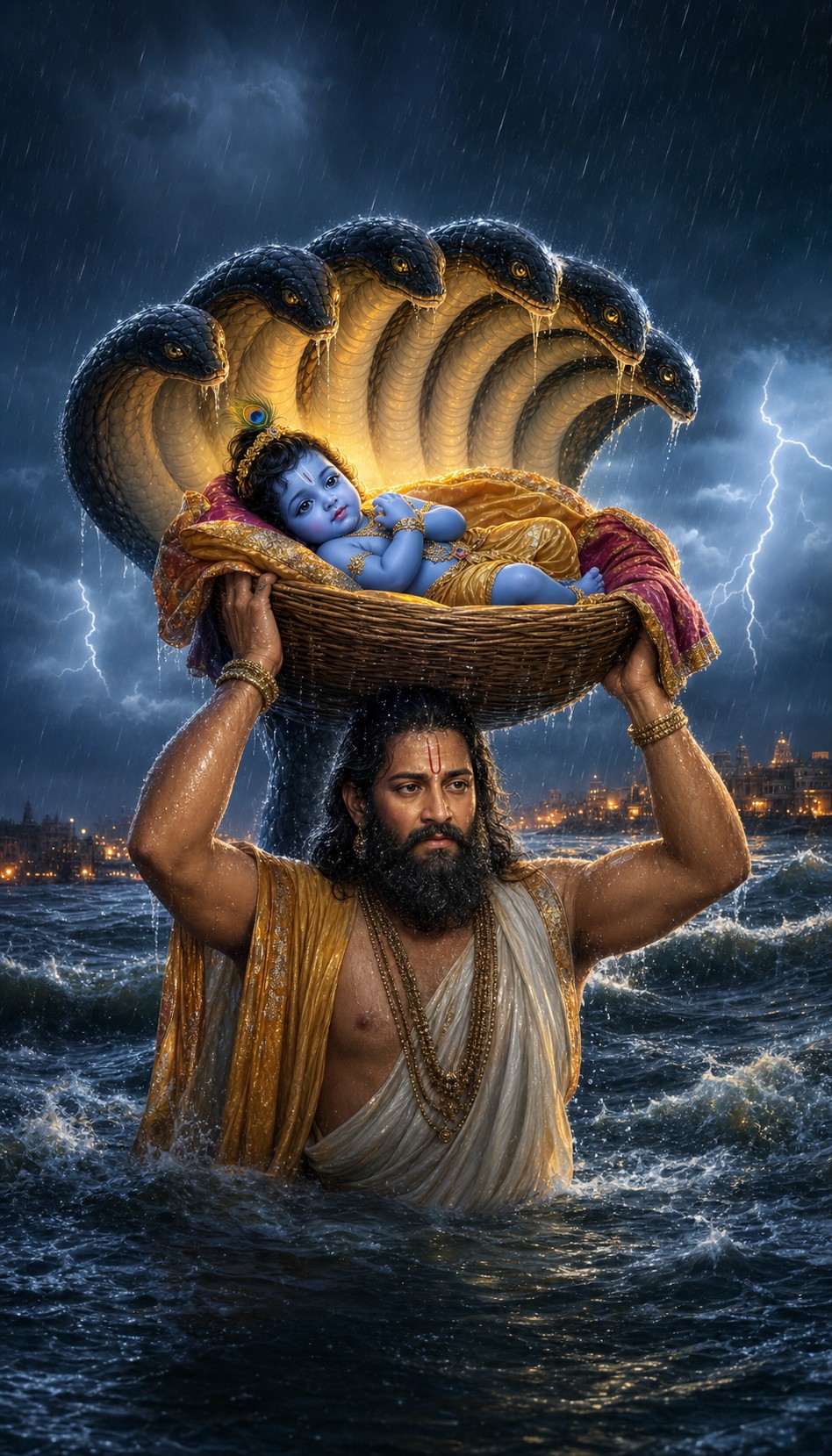 यमुना पार बाल कृष्ण, कृष्ण दर्शन, हिंदू भगवान चित्र (Baby Krishna on the Yamuna)