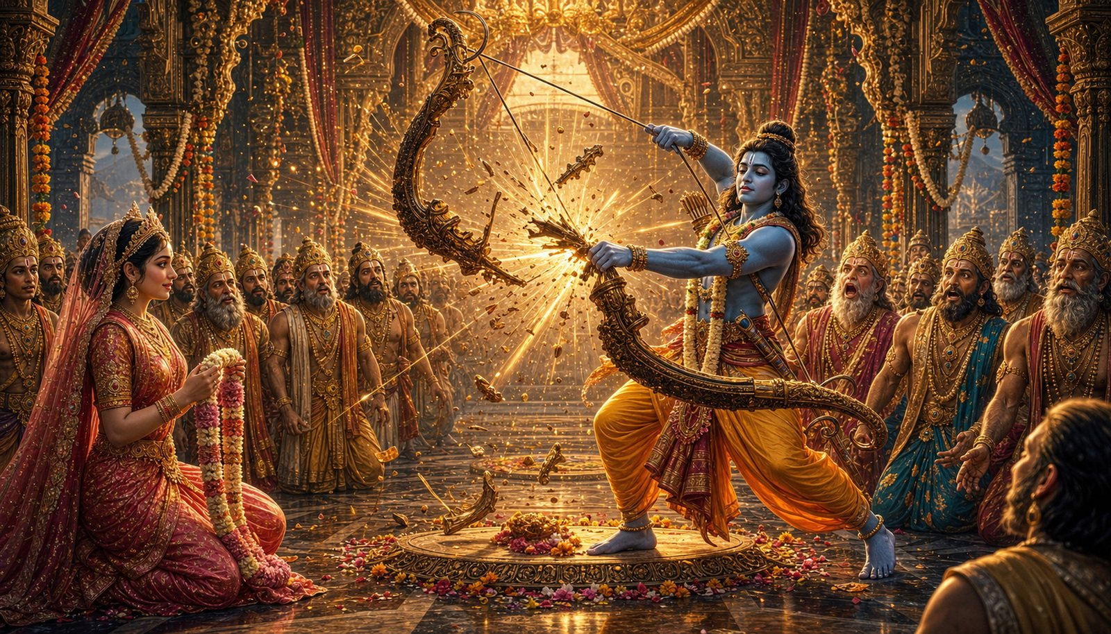 Rama breaking the great bow of Shiva at Sita's swayamvara