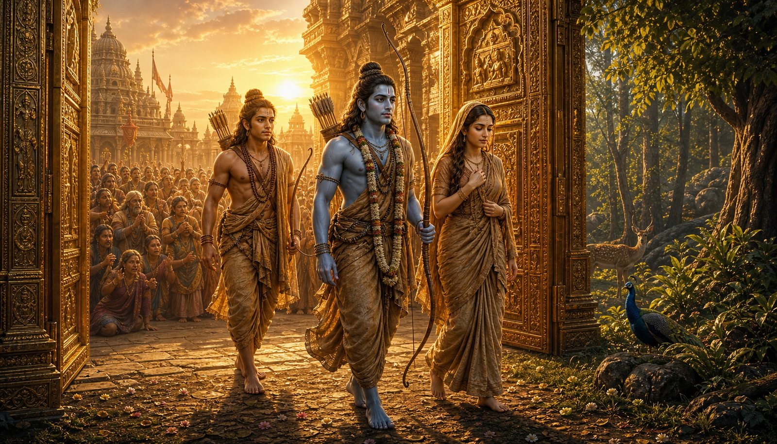 Rama, Sita and Lakshmana leaving Ayodhya for the forest