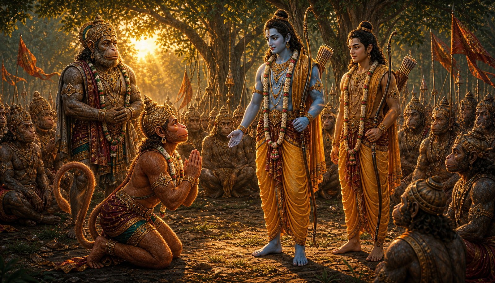 Rama meeting Hanuman and the vanara army