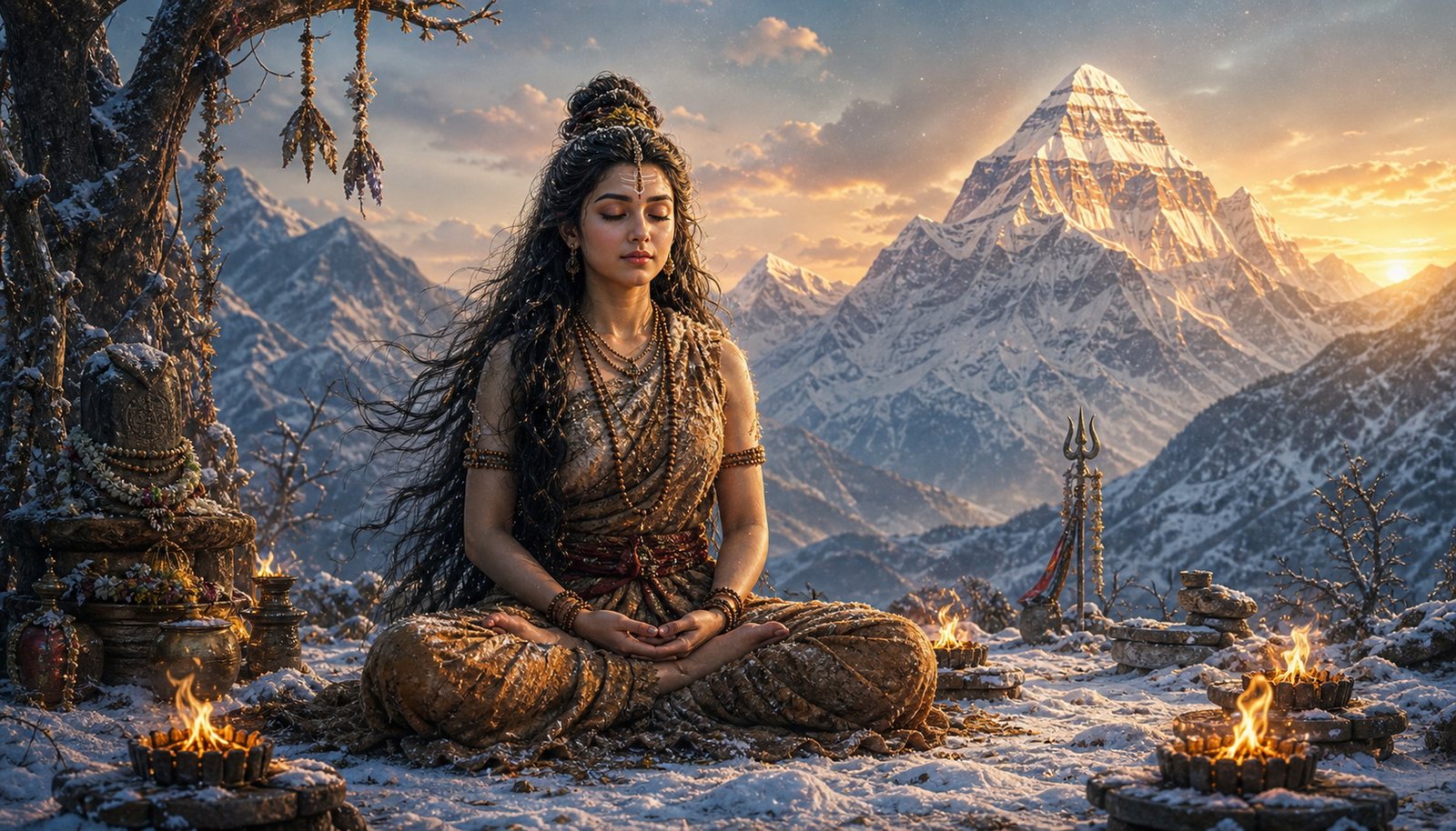 Parvati in tapasya in the high Himalaya, seeking Shiva