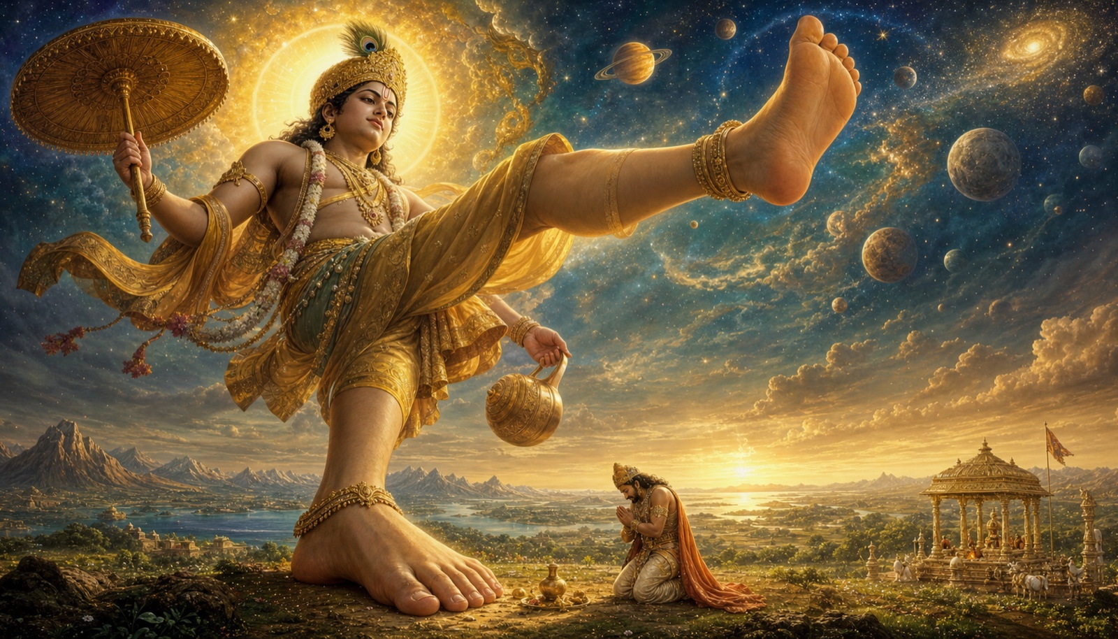 Trivikrama: the Vamana avatar grown to cosmic size, striding across the heavens with King Bali below