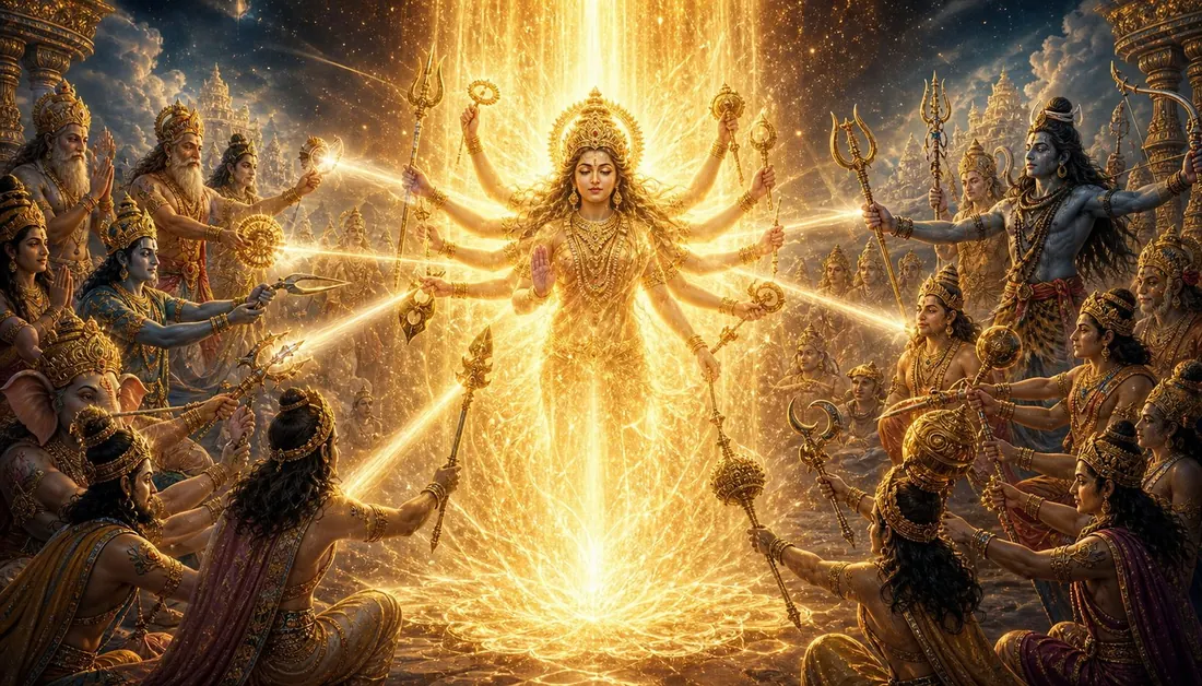 Durga taking form from the combined light of all the gods, receiving their weapons