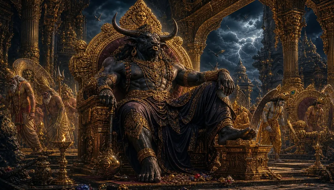 Mahishasura the buffalo demon enthroned in the conquered heavens