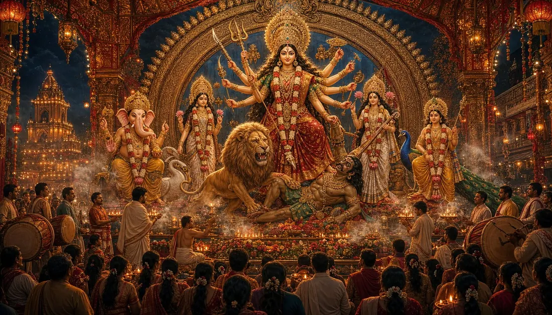 Durga Puja: the goddess enthroned in a festive pandal, devotees gathered