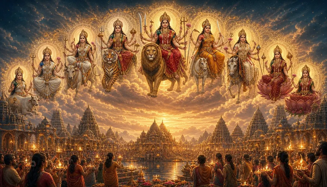 The nine forms of Durga, the Navadurga, arrayed together