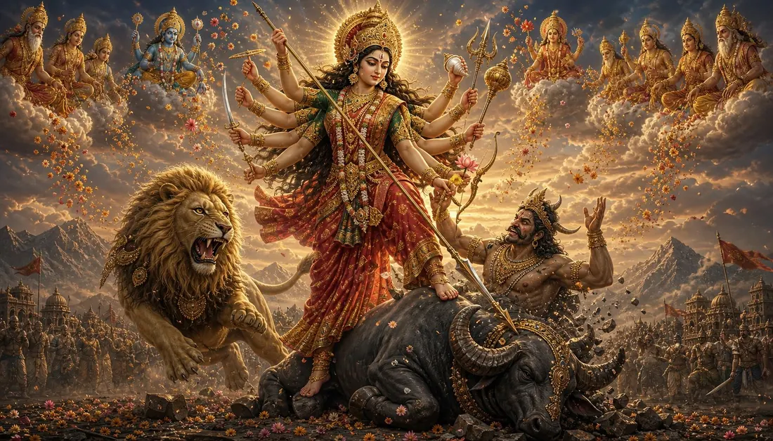Durga slaying Mahishasura as he emerges from the buffalo form