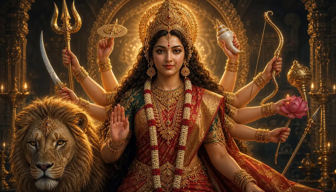 Maa Durga on her lion, ten-armed, serene and mighty