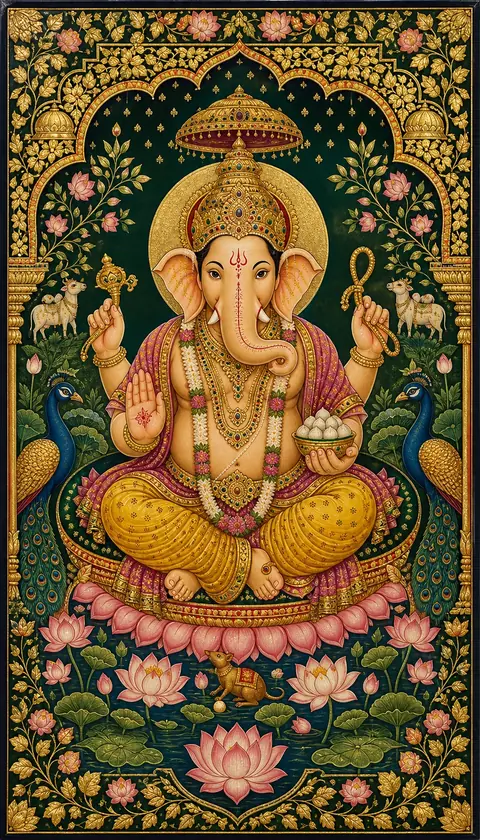 Pichwai Ganesha, Ganesha darshan, Hindu god image (पिछवाई गणेश)