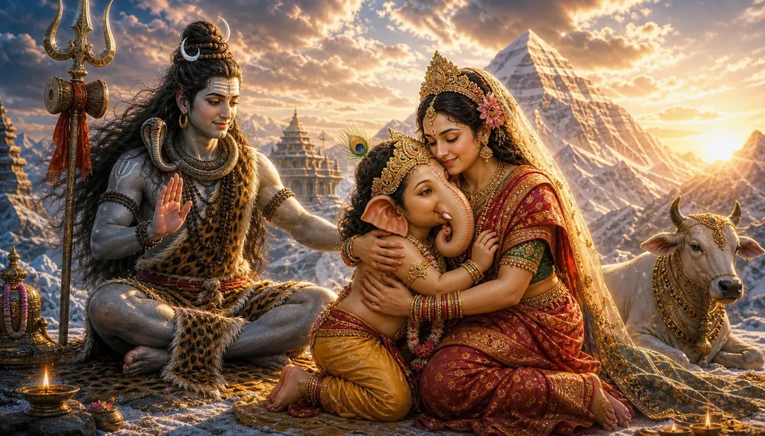 The boy Ganesha guarding Parvati's door before Shiva
