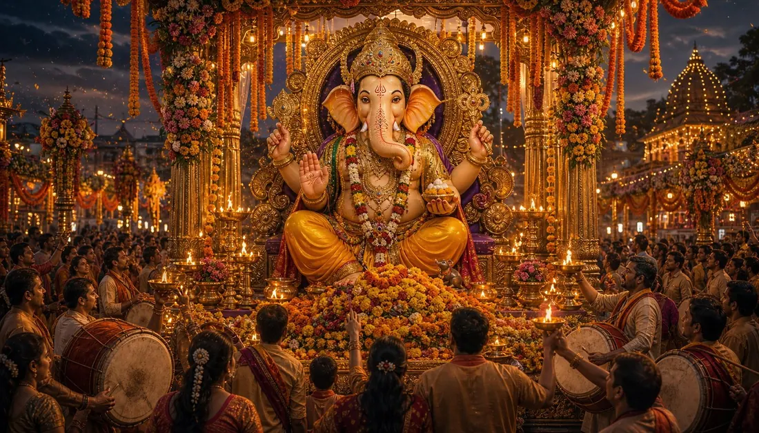 A grand Ganesh Chaturthi celebration with a clay Ganesha idol
