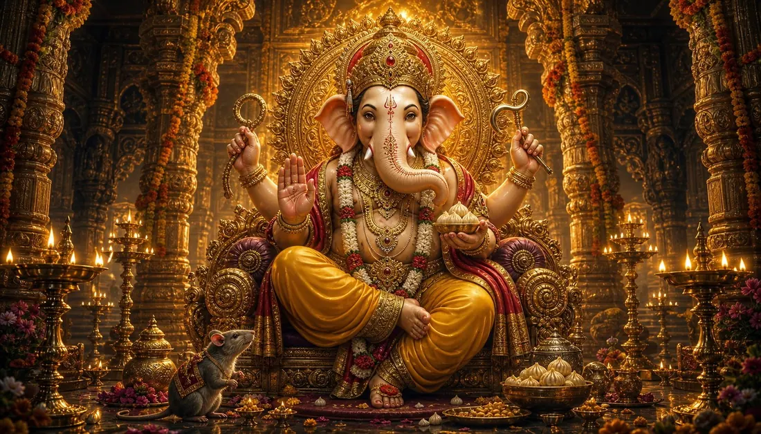 Lord Ganesha, the remover of obstacles, radiant and serene