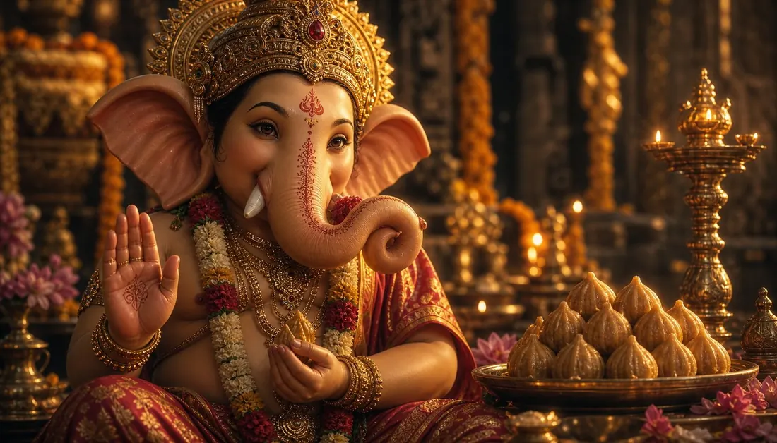 Lord Ganesha, elephant-headed, seated with a modak in hand