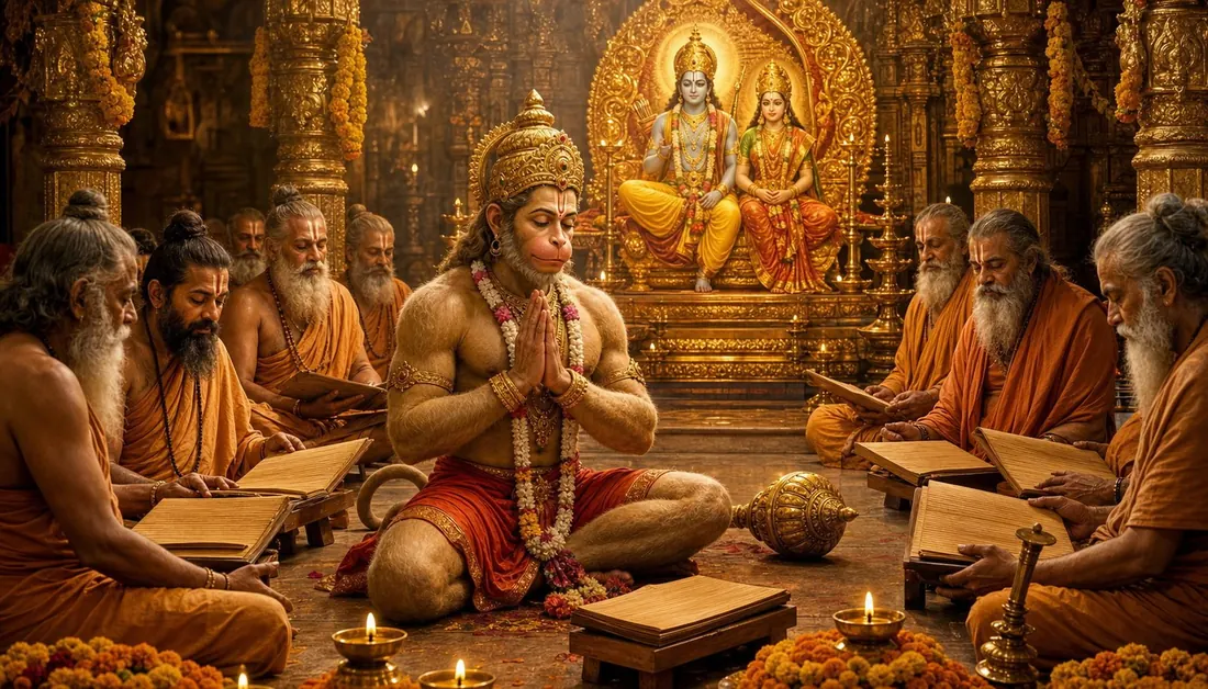 Hanuman worshipped at a temple, wherever Rama's name is sung