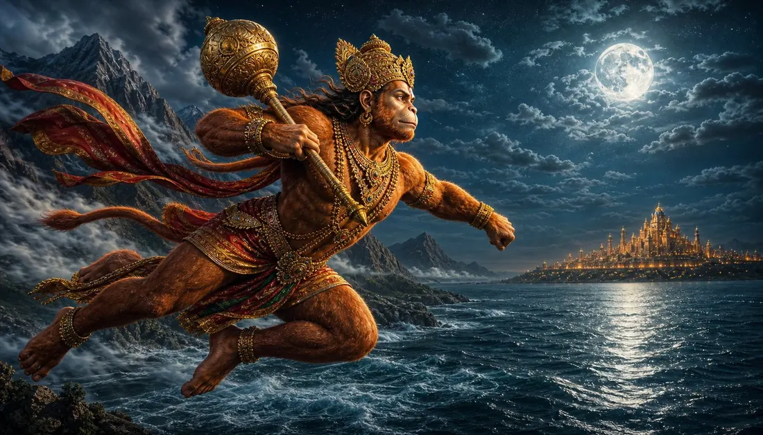 Hanuman leaping across the ocean to Lanka