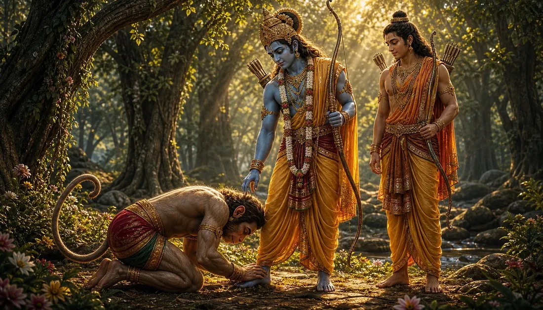Hanuman meeting Rama and Lakshmana in the forest