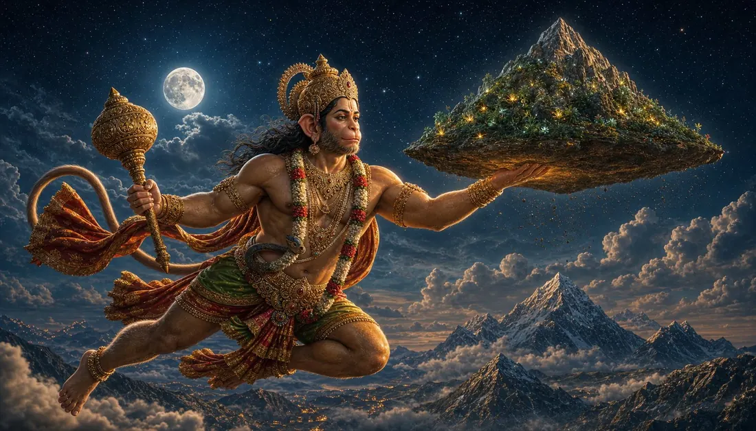 Hanuman carrying the Sanjeevani mountain through the sky