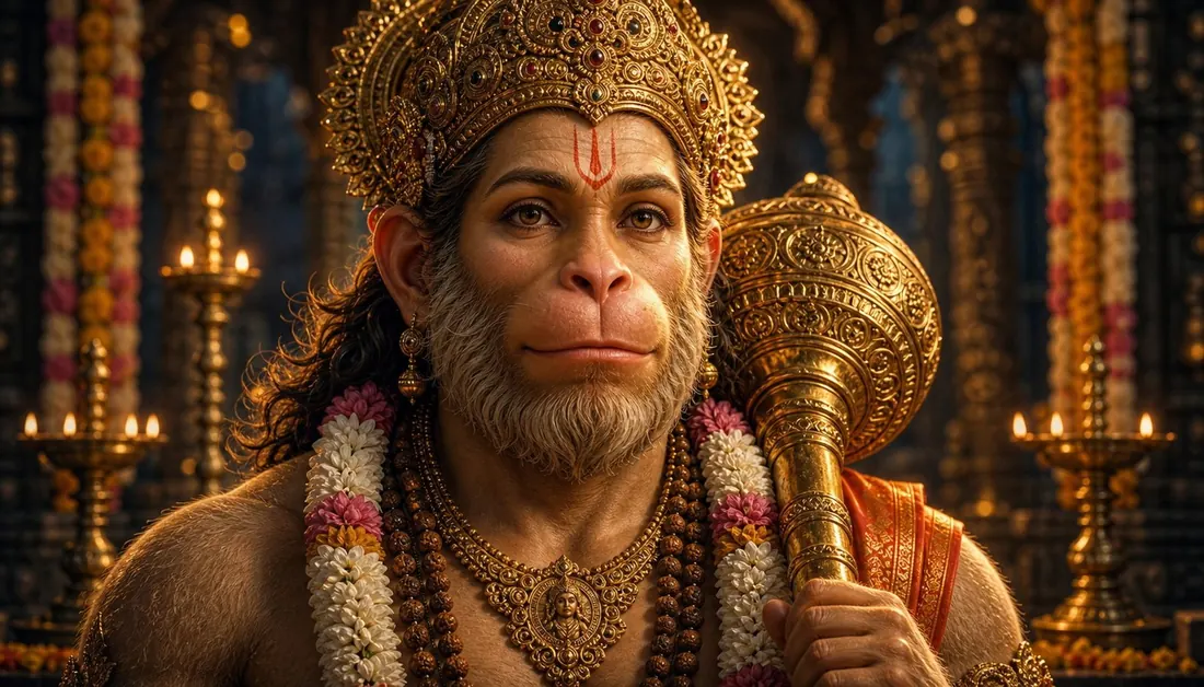 Lord Hanuman kneeling in devotion, mace in hand