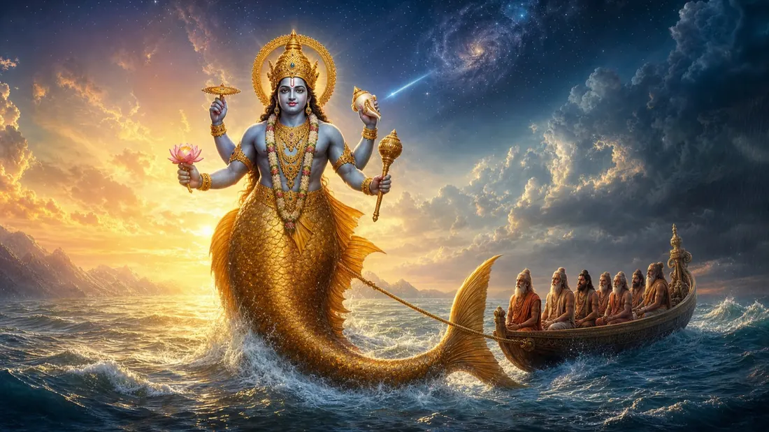 Matsya avatar of Vishnu, the divine golden fish rescuing the sages from the cosmic deluge