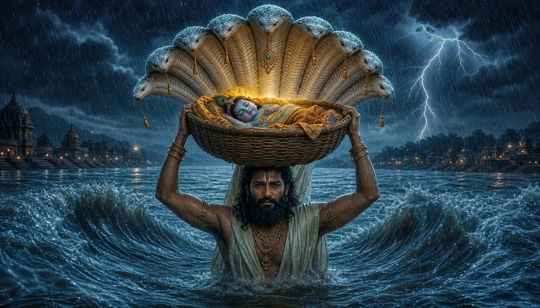 Vasudeva carrying newborn Krishna across the stormy Yamuna beneath the hoods of Shesha