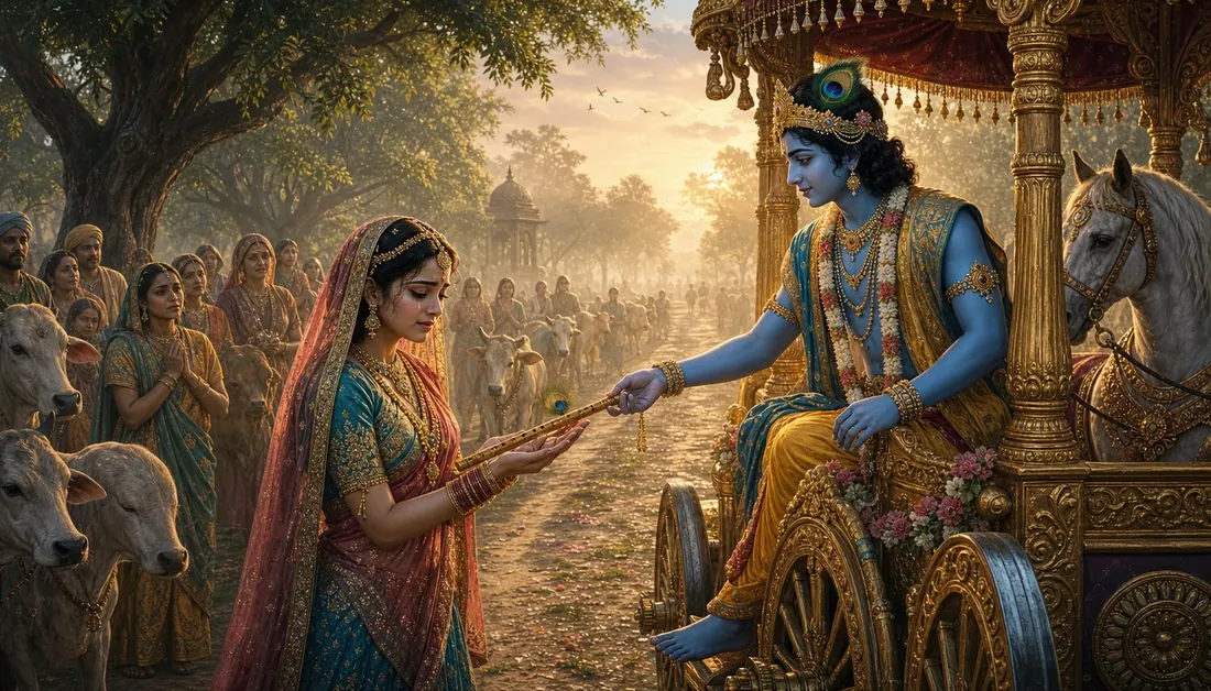 Krishna handing his flute to Radha from the chariot as he leaves Vrindavan at dawn