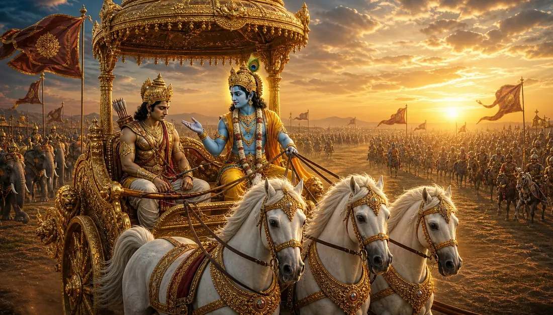 Krishna as charioteer speaking the Bhagavad Gita to Arjuna between two armies