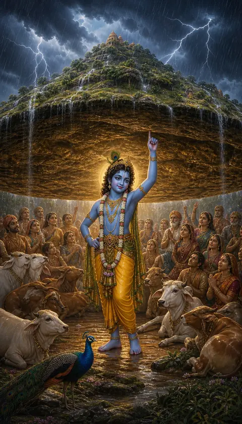 Govardhan Dharan, Krishna darshan, Hindu god image (गोवर्धन धारण)