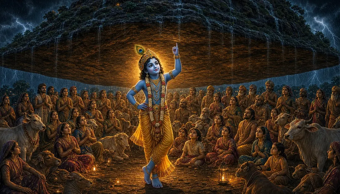 Krishna holding Govardhan mountain aloft while the village and its cows shelter beneath