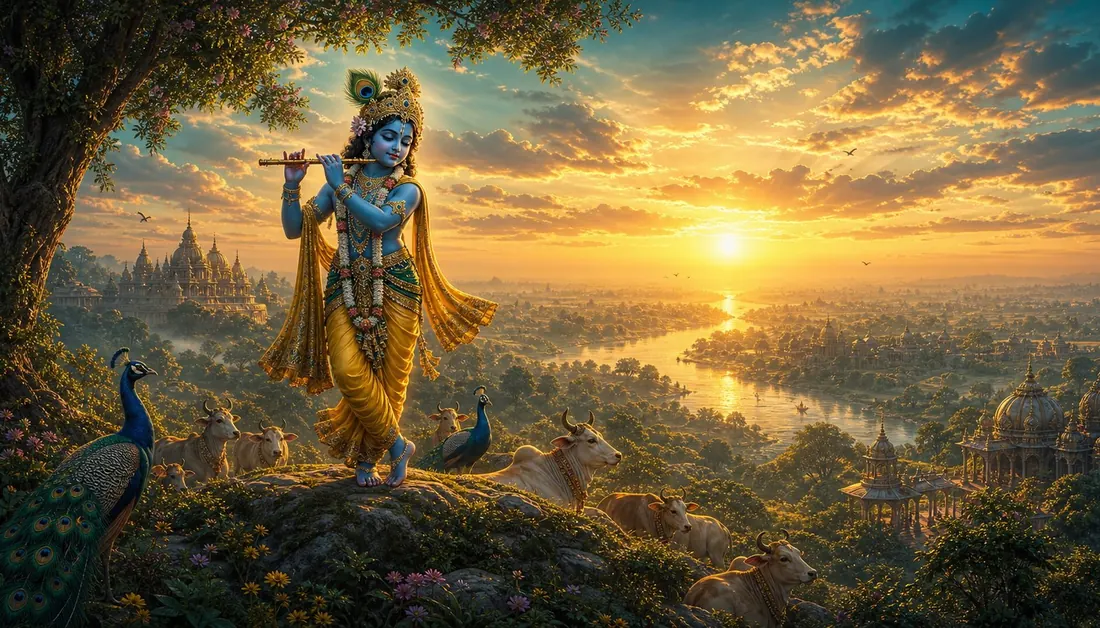 Lord Krishna playing the flute on a hilltop above the Yamuna valley at sunrise