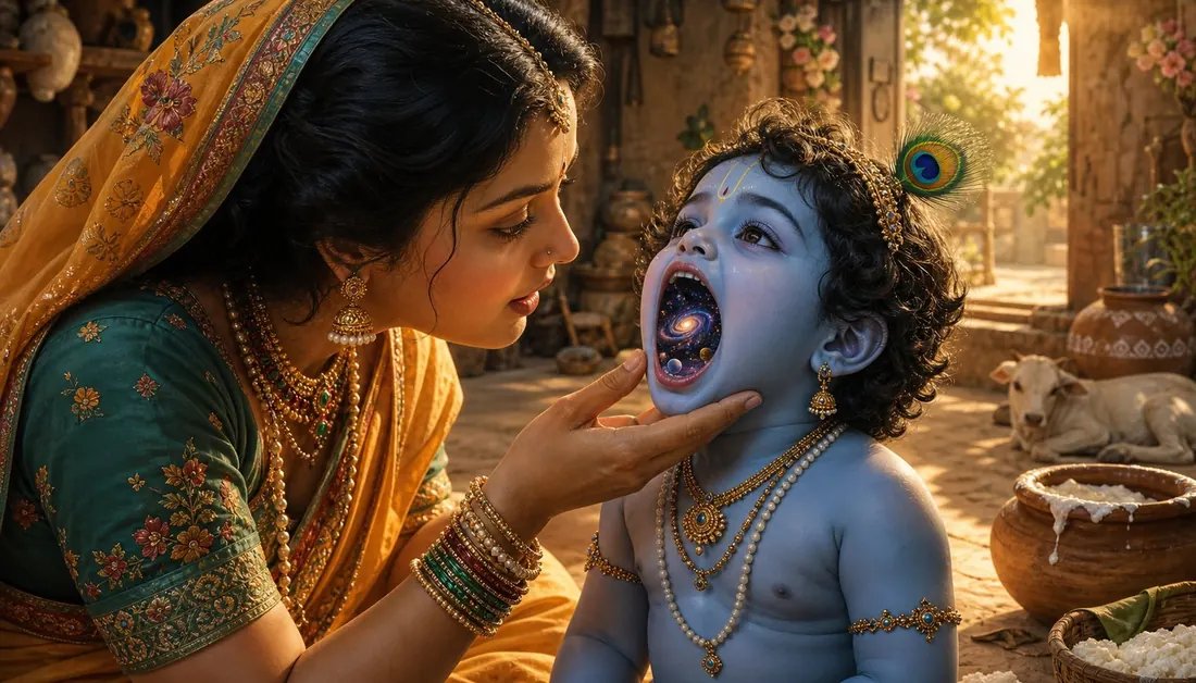 Yashoda seeing the universe inside the mouth of the child Krishna