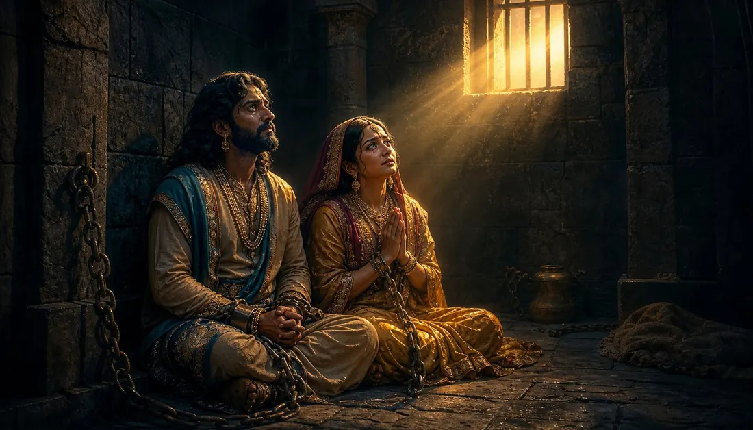 Devaki and Vasudeva in chains in Kamsa's prison as divine light breaks through the window