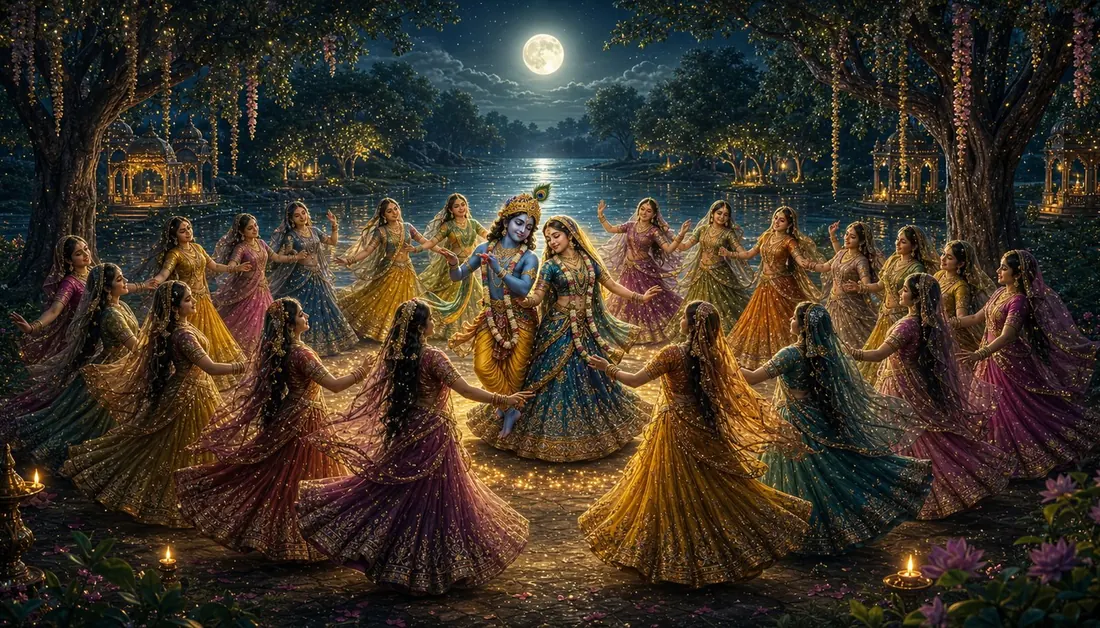 The Raas Lila: gopis dancing in a moonlit circle around Krishna and Radha