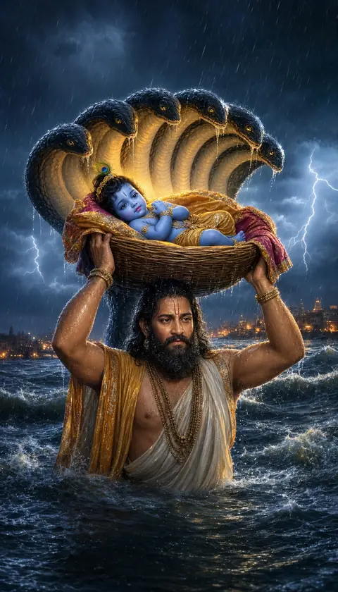 Baby Krishna on the Yamuna, Krishna darshan, Hindu god image (यमुना पार बाल कृष्ण)