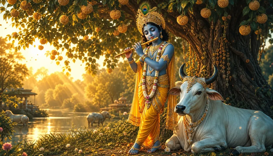 Lord Krishna playing the flute beneath a flowering kadamba tree beside a white cow