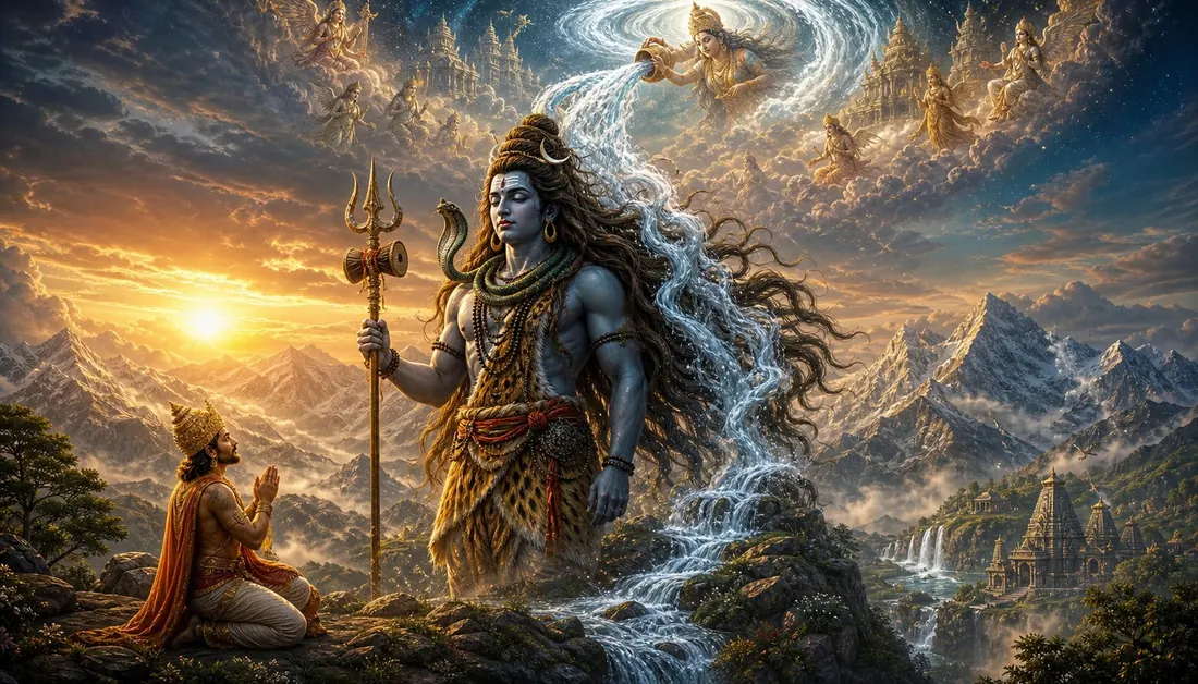 The river Ganga descending from heaven into Shiva's matted locks